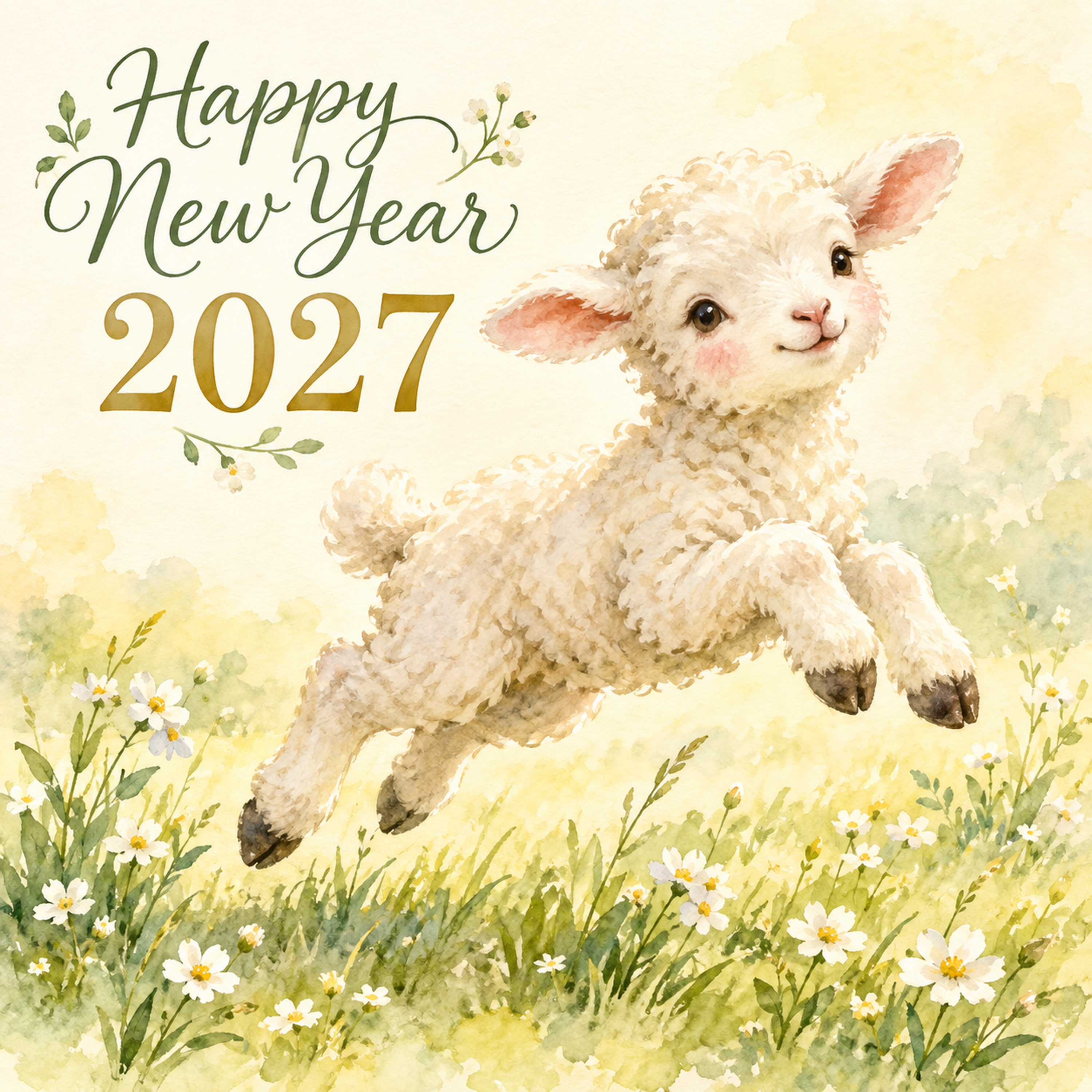2027年・跳ねる子羊と春の草花の新年カード｜正方形のかわいい無料イラスト 97868に写真・文字を入れる