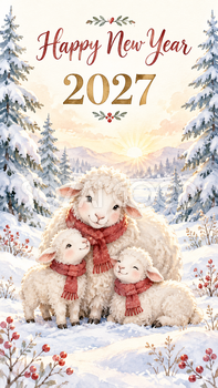 2027年・雪の森の羊親子の新年カード｜スマホ縦長のかわいい無料イラスト 97869