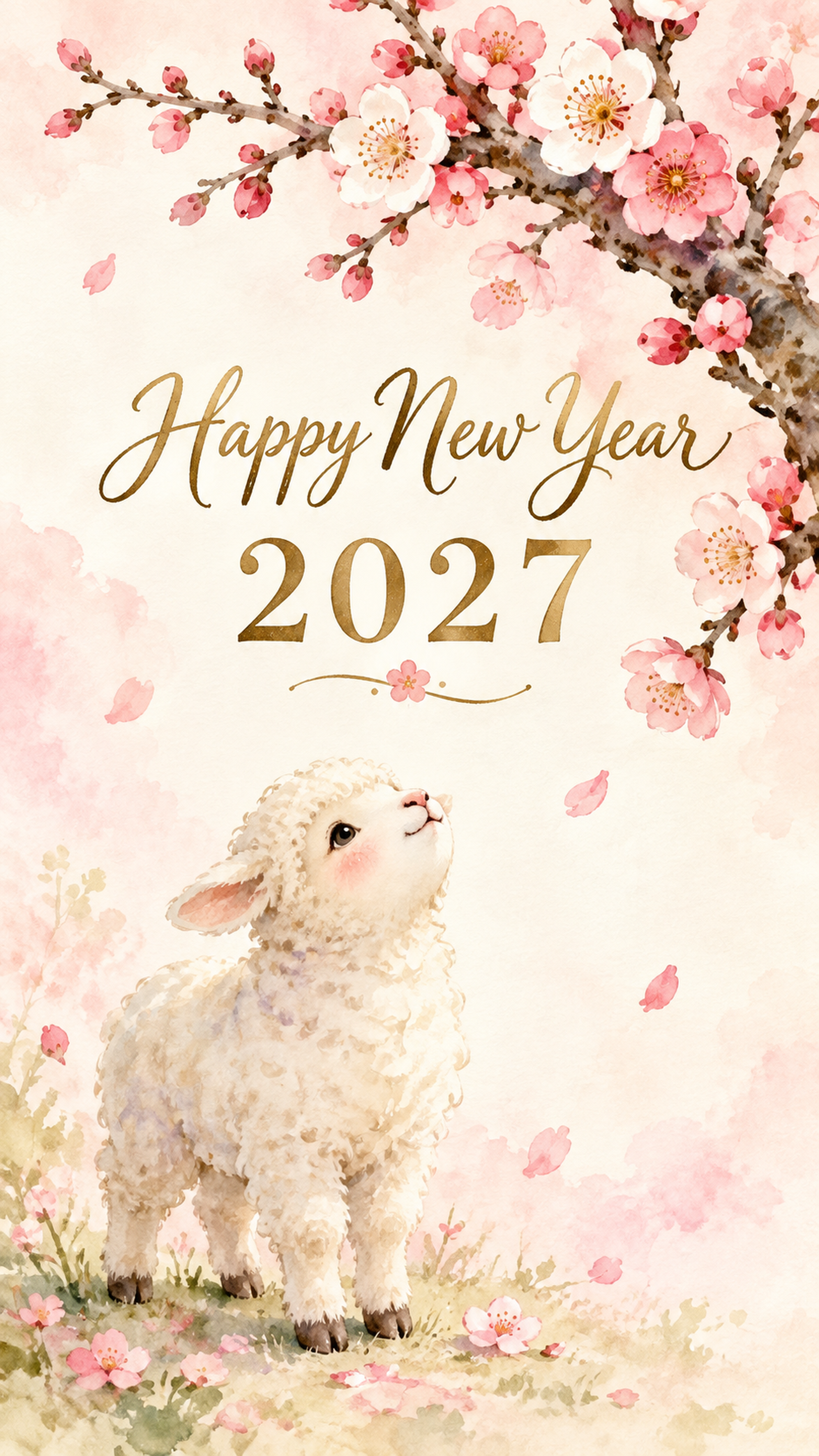 2027年・梅の枝を見上げる子羊の新年カード｜スマホ縦長のかわいい無料イラスト 97870に写真・文字を入れる