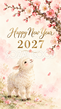 2027年・梅の枝を見上げる子羊の新年カード｜スマホ縦長のかわいい無料イラスト 97870
