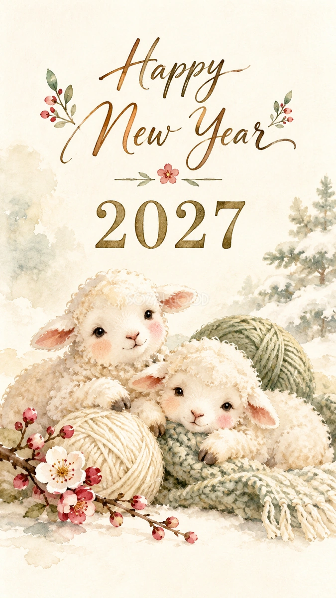 2027年・毛糸玉とくつろぐ羊の新年カード|スマホ縦長のかわいい無料イラスト 97871