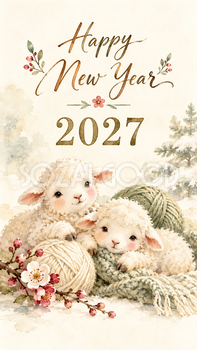 2027年・毛糸玉とくつろぐ羊の新年カード｜スマホ縦長のかわいい無料イラスト 97871