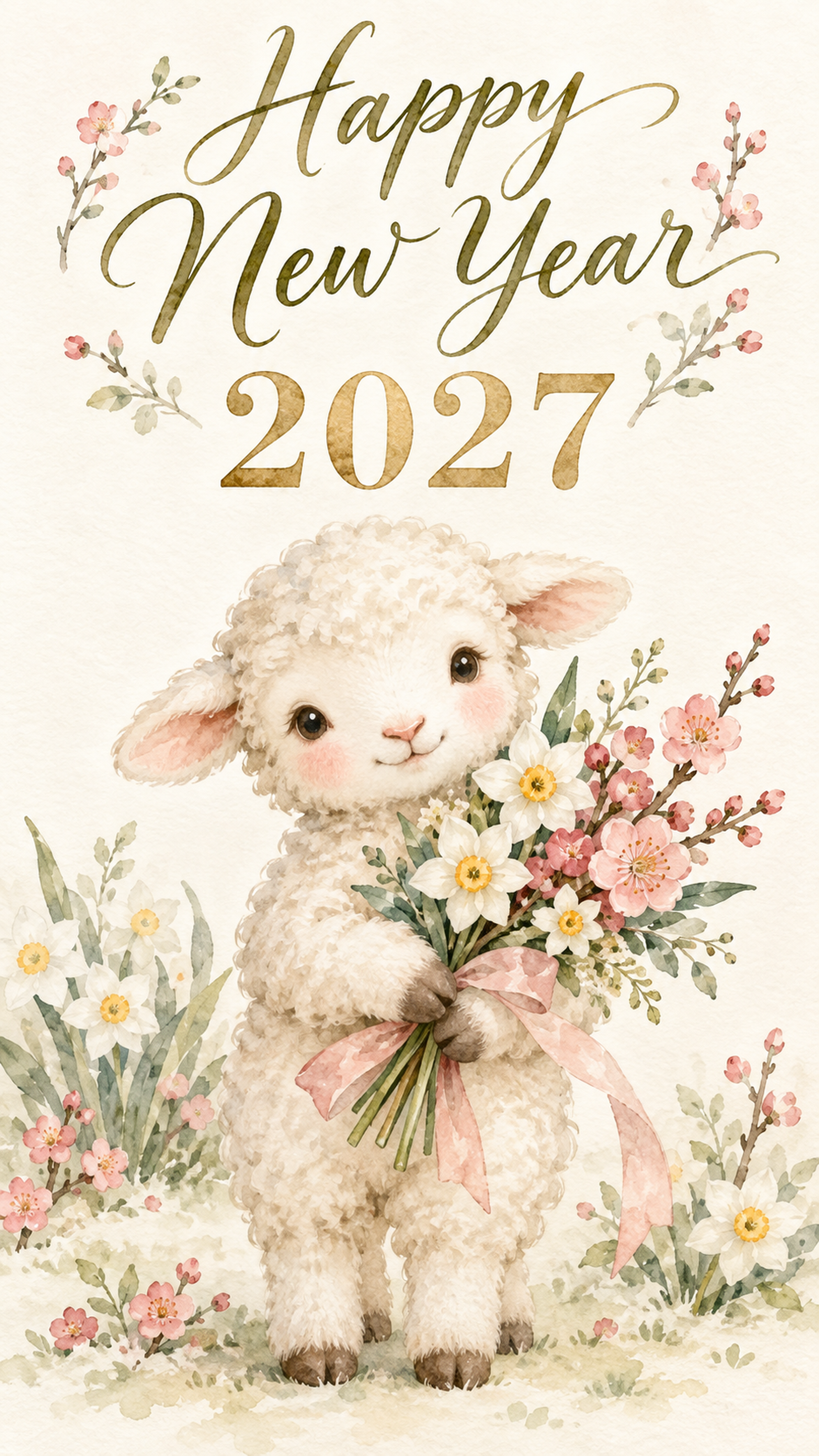 2027年・小さな花束を持つ羊の新年カード｜スマホ縦長のかわいい無料イラスト 97872に写真・文字を入れる