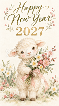 2027年・小さな花束を持つ羊の新年カード｜スマホ縦長のかわいい無料イラスト 97872