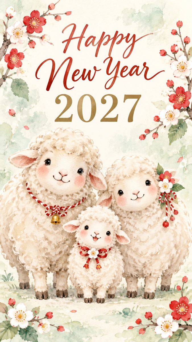 2027年・三匹の羊の新年あいさつカード|スマホ縦長のかわいい無料イラスト 97873