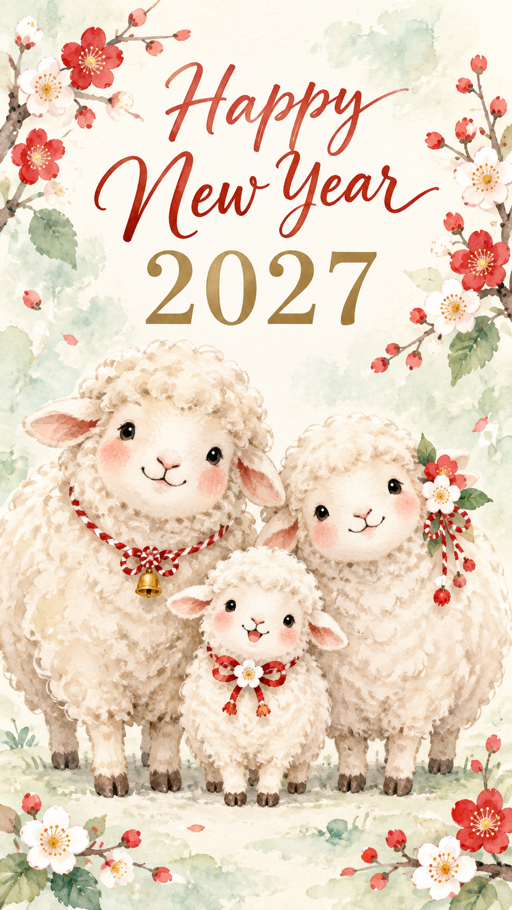 2027年・三匹の羊の新年あいさつカード｜スマホ縦長のかわいい無料イラスト 97873に写真・文字を入れる