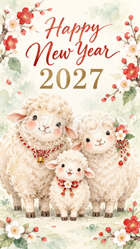 2027年・三匹の羊の新年あいさつカード｜スマホ縦長のかわいい無料イラスト 97873