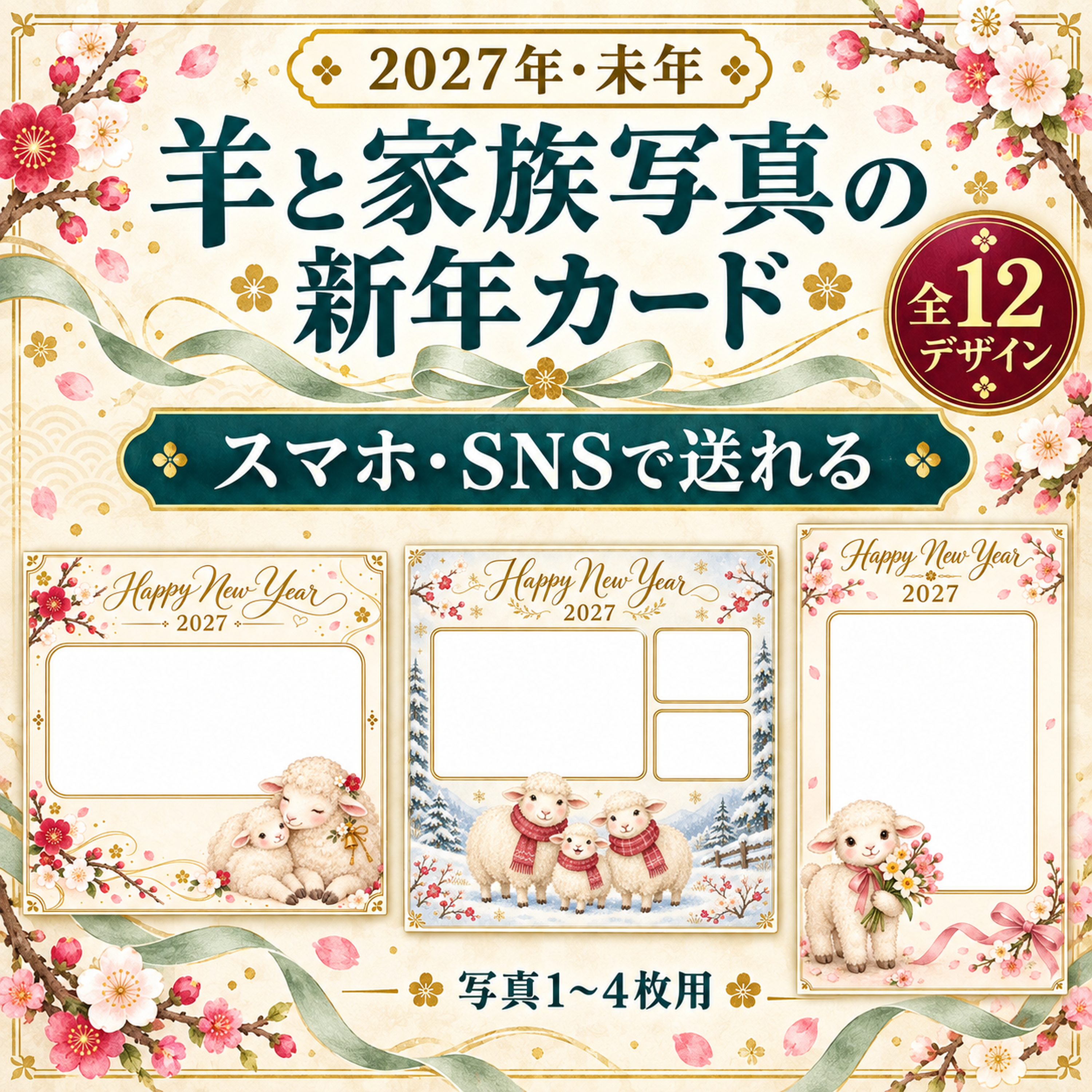 2027・羊と家族写真の新年カード12選｜スマホ・SNS用写真フレームの無料イラスト 97875に写真・文字を入れる