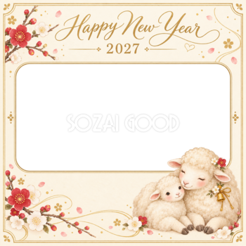 2027年・羊の親子と紅白梅・写真1枚の新年カード｜正方形の無料イラスト 97876