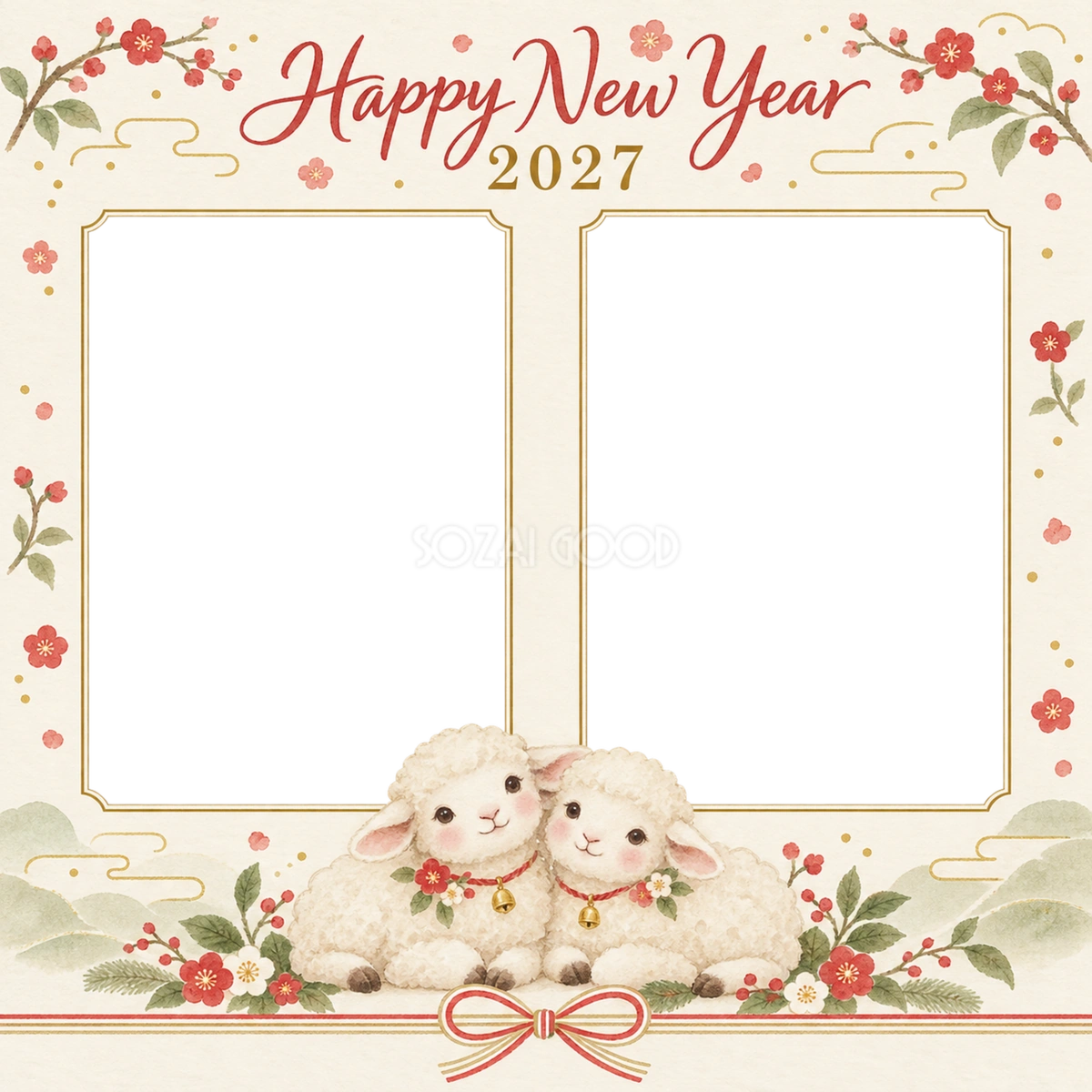 2027年・寄り添う羊と水引・写真2枚の新年カード|正方形の無料イラスト 97877