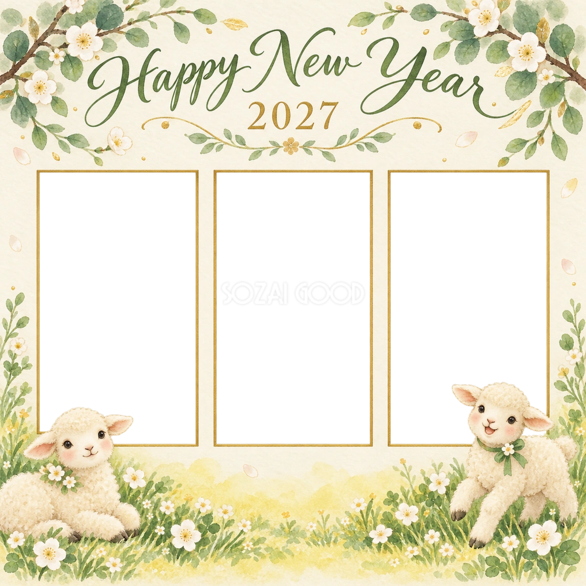 2027年・草花と子羊・写真3枚の新年カード|正方形の無料イラスト 97878