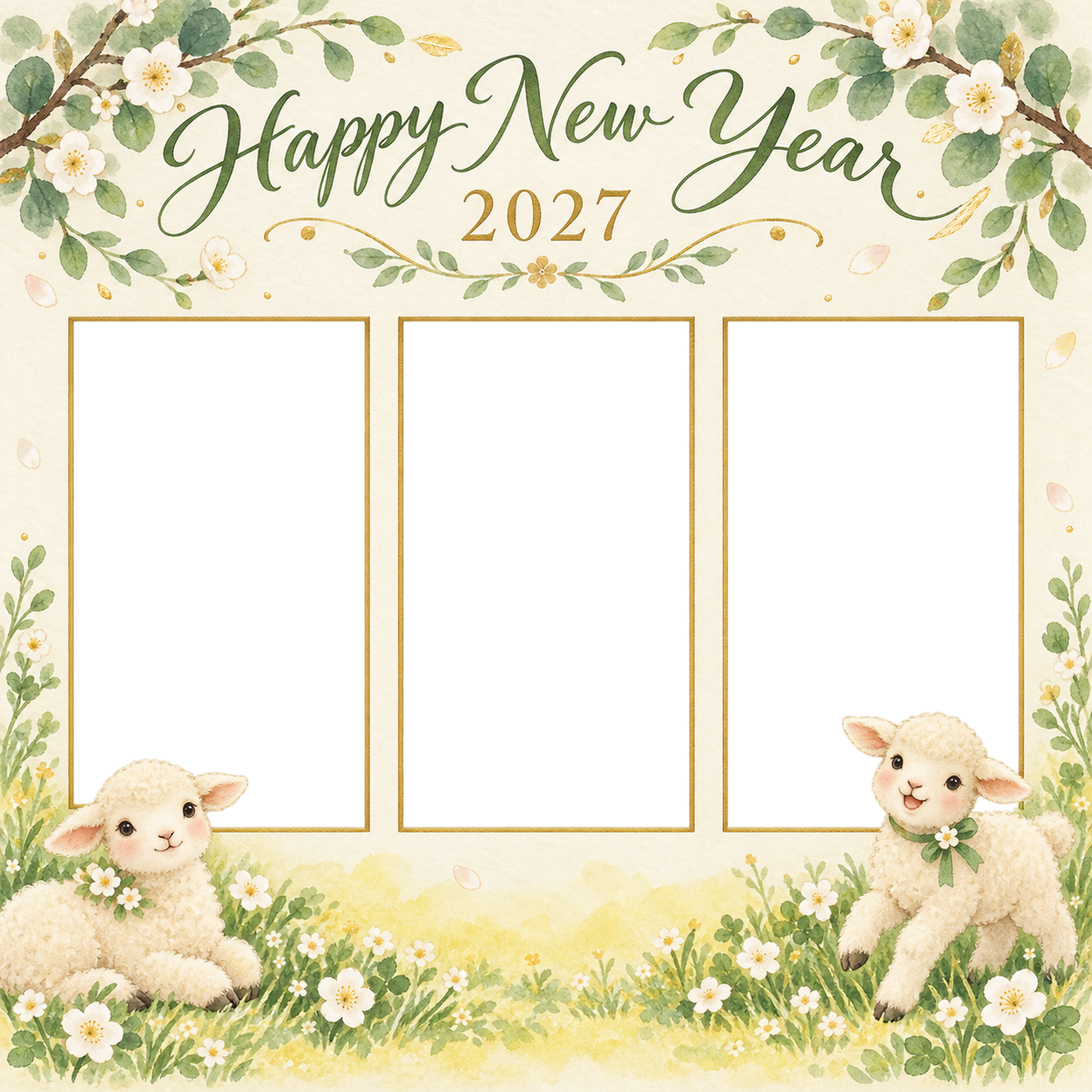 2027年・草花と子羊・写真3枚の新年カード｜正方形の無料イラスト 97878に写真・文字を入れる