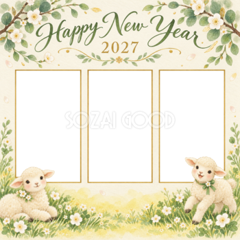 2027年・草花と子羊・写真3枚の新年カード｜正方形の無料イラスト 97878