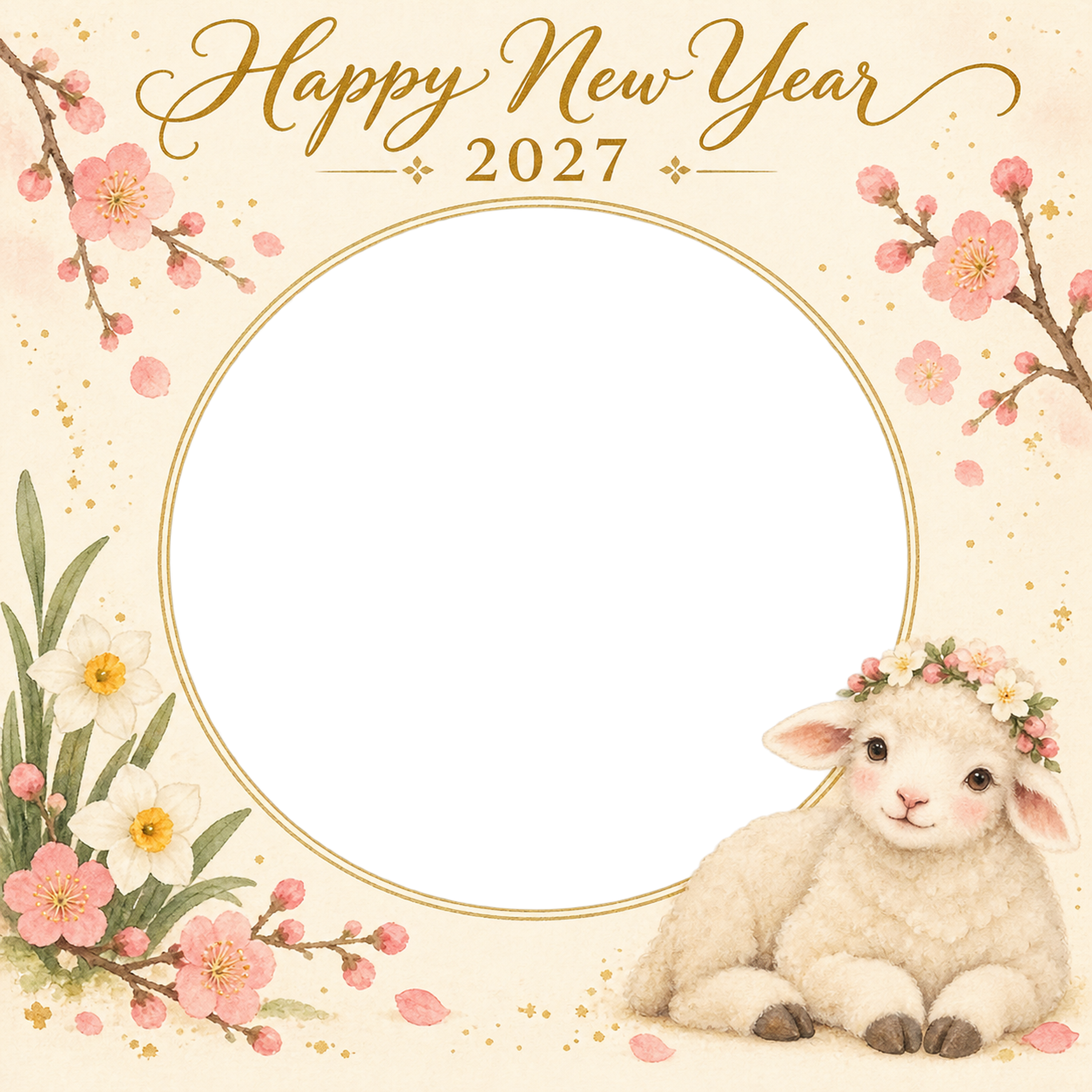 2027年・花冠の羊と丸窓・写真1枚の新年カード｜正方形の無料イラスト 97879に写真・文字を入れる
