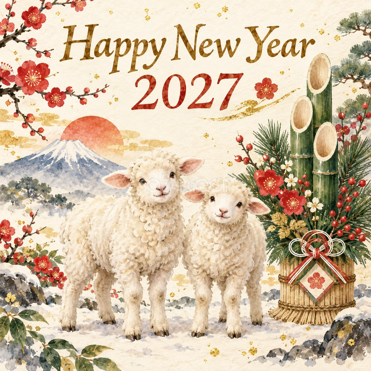 2027年・門松と羊の新年あいさつの和風新年カード|正方形の無料イラスト 97889