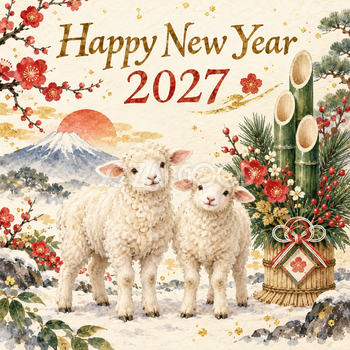 2027年・門松と羊の新年あいさつの和風新年カード｜正方形の無料イラスト 97889
