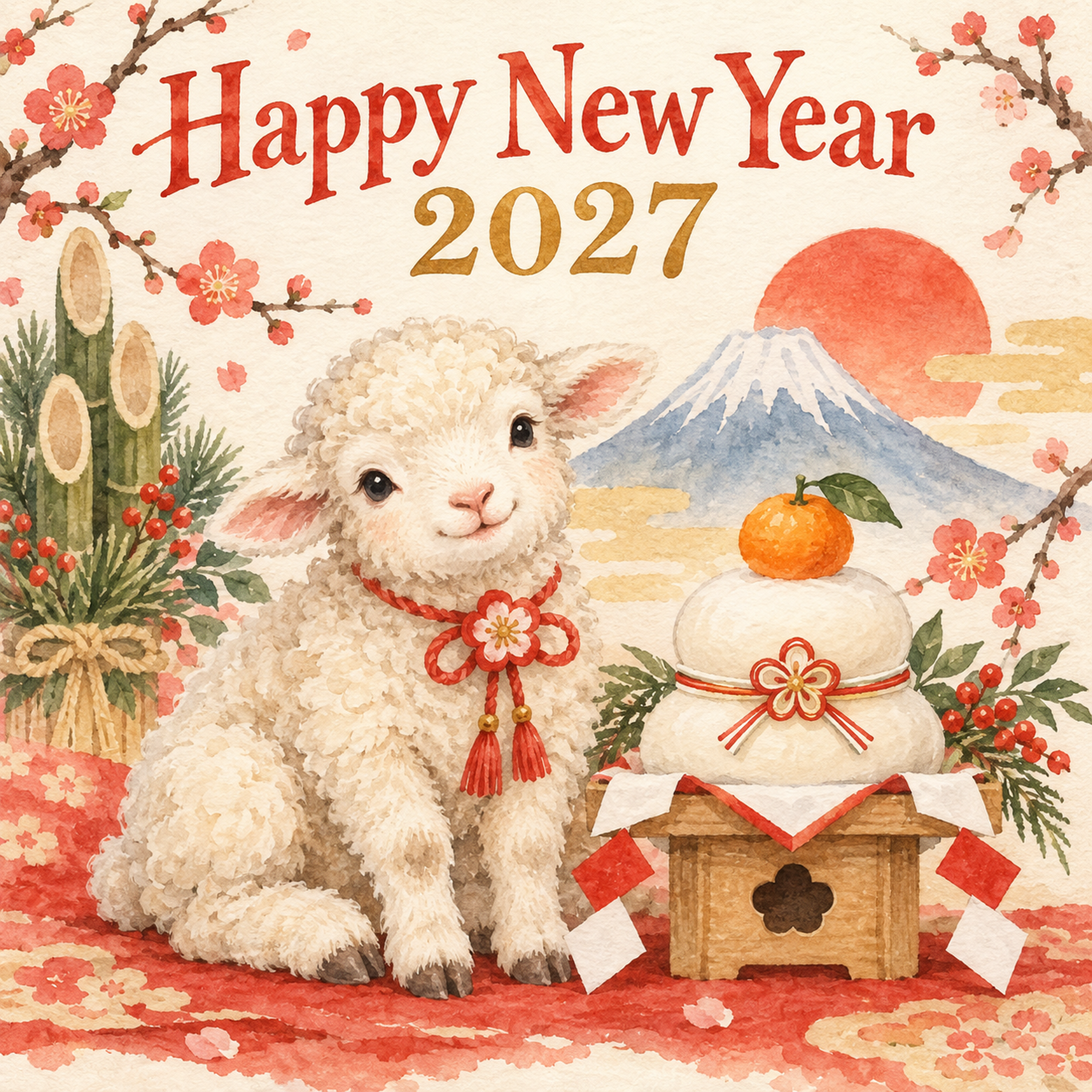 2027年・鏡餅と子羊の和風新年カード｜正方形の無料イラスト 97890に写真・文字を入れる