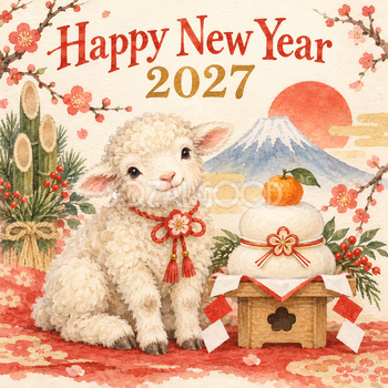 2027年・鏡餅と子羊の和風新年カード｜正方形の無料イラスト 97890