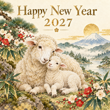2027年・松竹梅と羊の親子の和風新年カード｜正方形の無料イラスト 97891