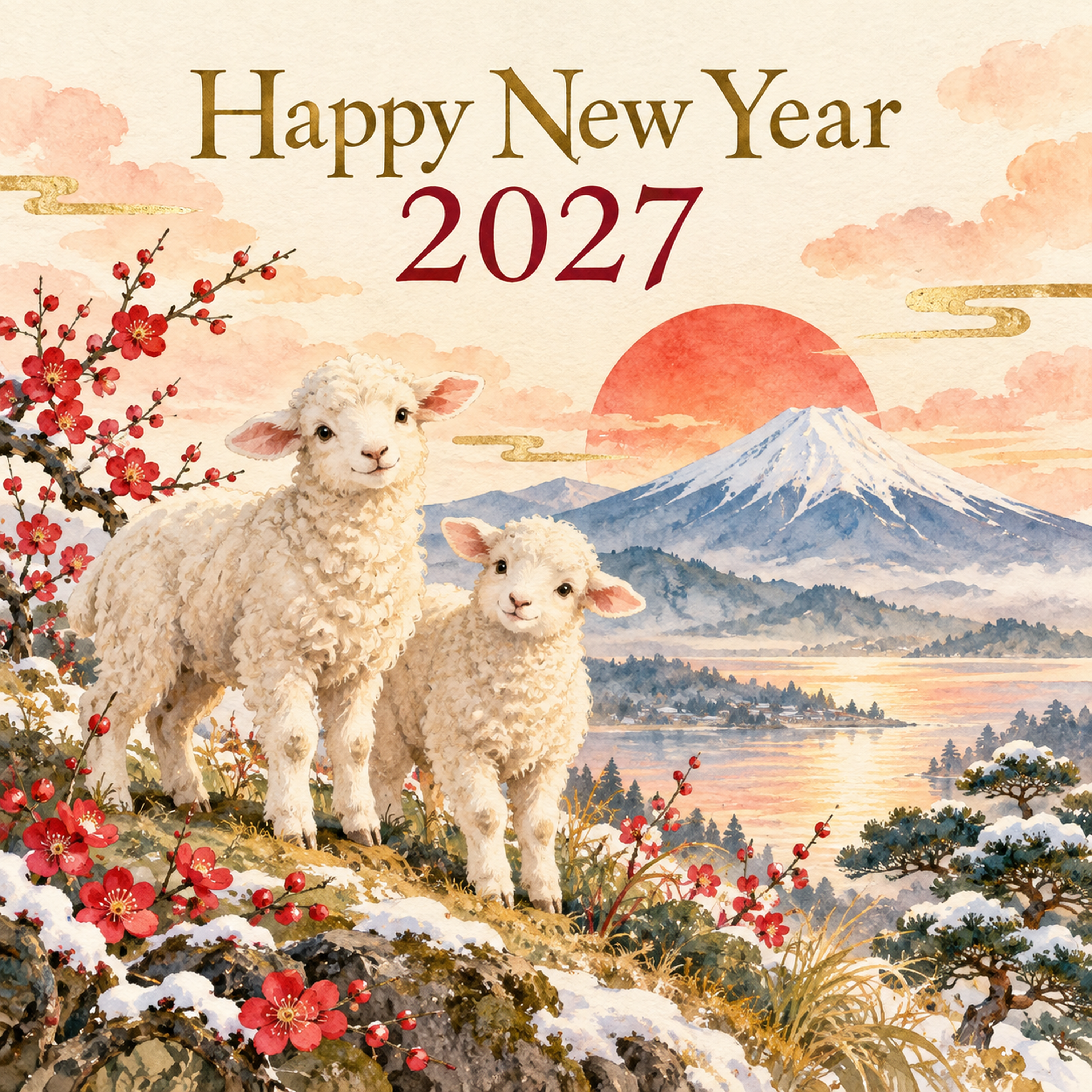2027年・富士山と初日の出と羊の和風新年カード｜正方形の無料イラスト 97892に写真・文字を入れる