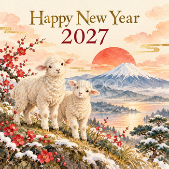 2027年・富士山と初日の出と羊の和風新年カード｜正方形の無料イラスト 97892