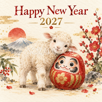 2027年・だるまと羊の和風新年カード｜正方形の無料イラスト 97893