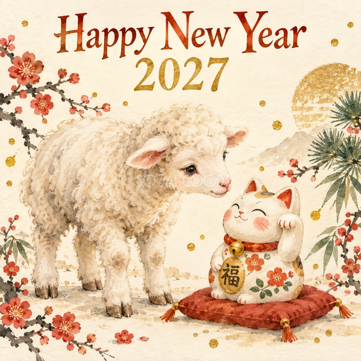 2027年・招き猫と羊の和風新年カード|正方形の無料イラスト 97894