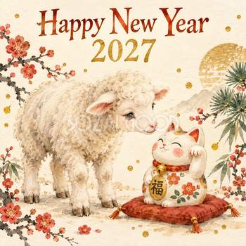 2027年・招き猫と羊の和風新年カード｜正方形の無料イラスト 97894