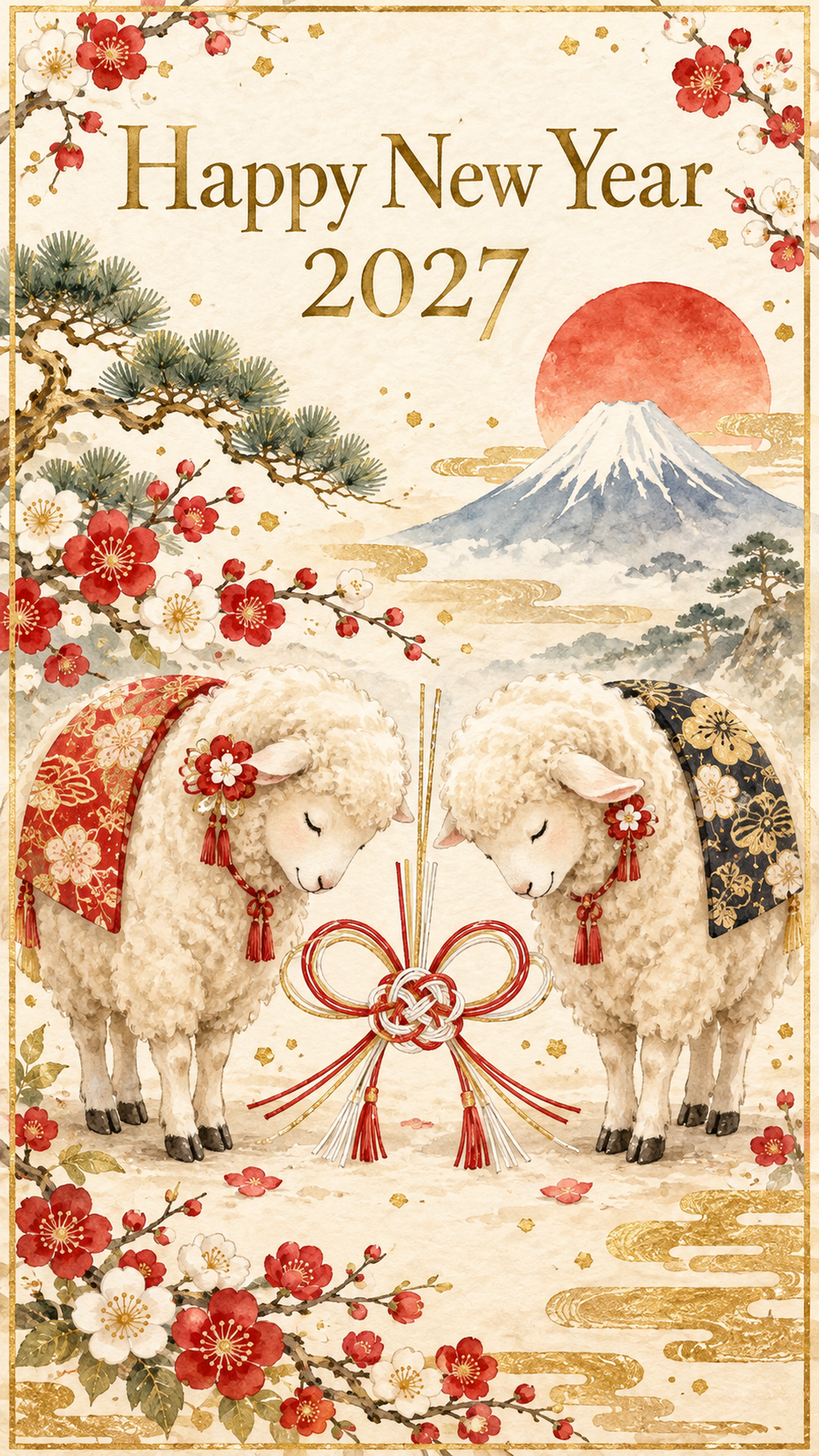 2027年・紅白水引とお辞儀する羊の和風新年カード｜スマホ縦長の無料イラスト 97895に写真・文字を入れる