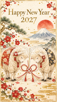 2027年・紅白水引とお辞儀する羊の和風新年カード｜スマホ縦長の無料イラスト 97895
