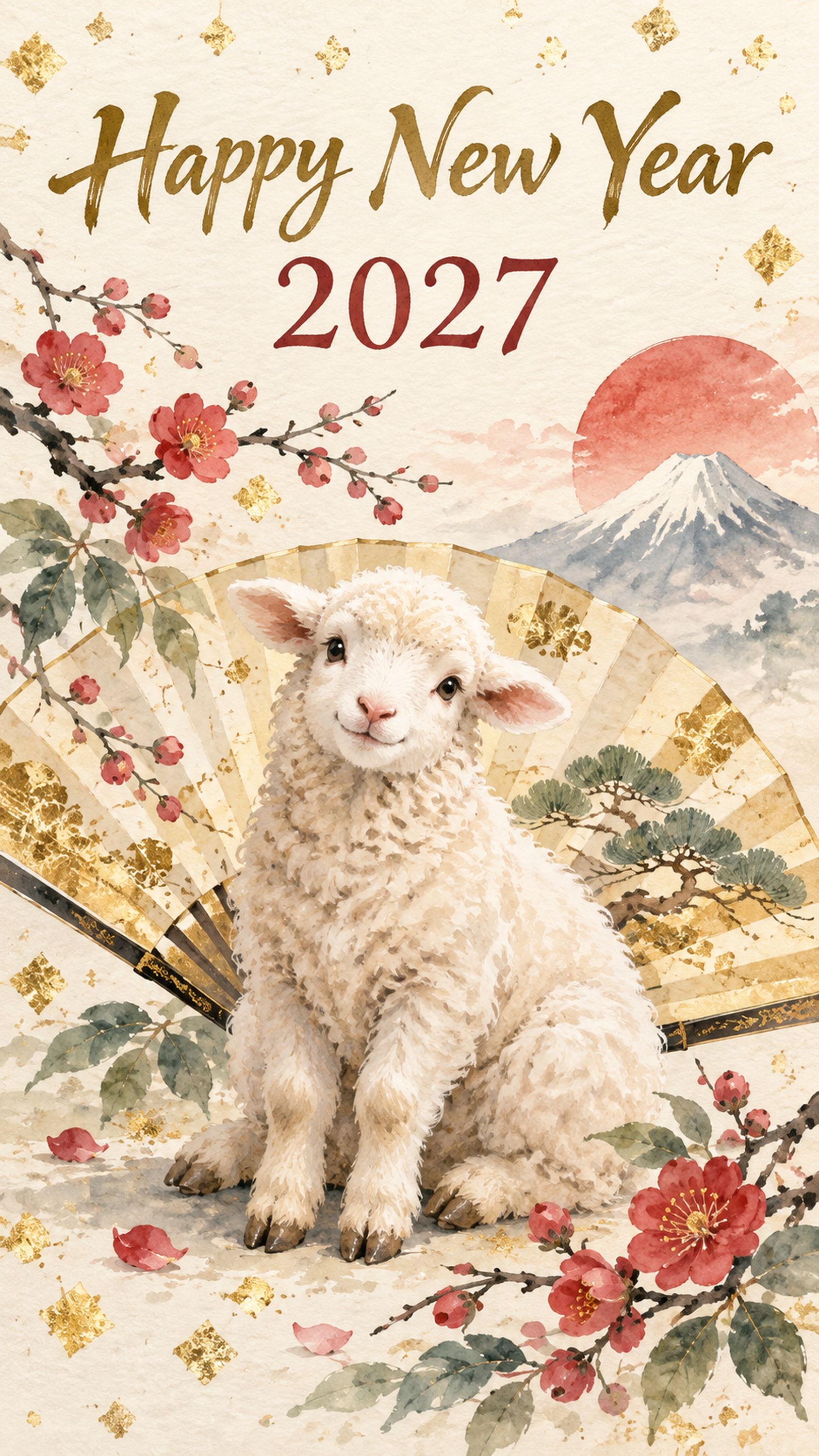 2027年・扇と金箔と羊の和風新年カード｜スマホ縦長の無料イラスト 97896に写真・文字を入れる