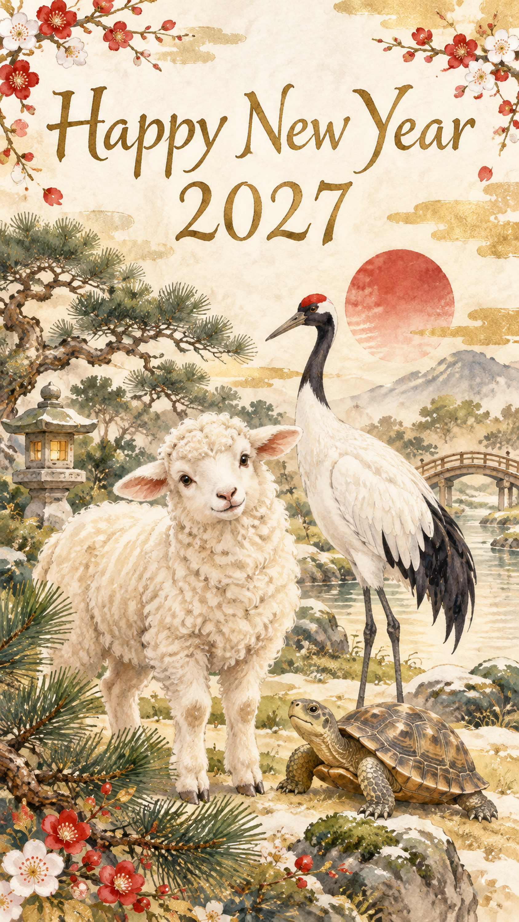 2027年・鶴亀と羊の和風新年カード｜スマホ縦長の無料イラスト 97898に写真・文字を入れる