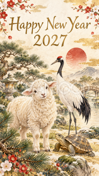 2027年・鶴亀と羊の和風新年カード｜スマホ縦長の無料イラスト 97898