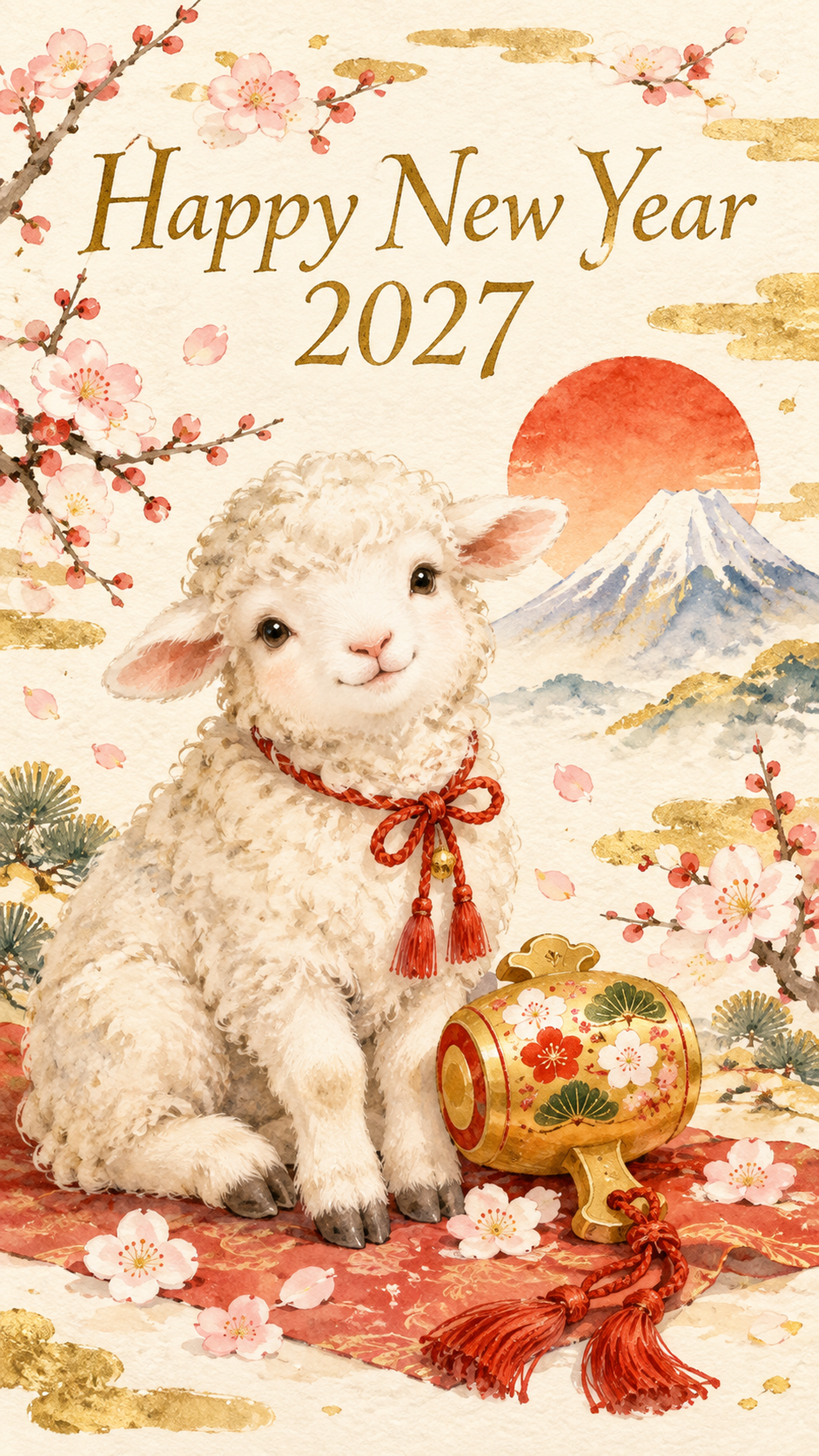 2027年・打ち出の小槌と羊の和風新年カード｜スマホ縦長の無料イラスト 97899に写真・文字を入れる