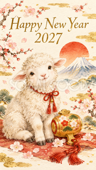 2027年・打ち出の小槌と羊の和風新年カード｜スマホ縦長の無料イラスト 97899