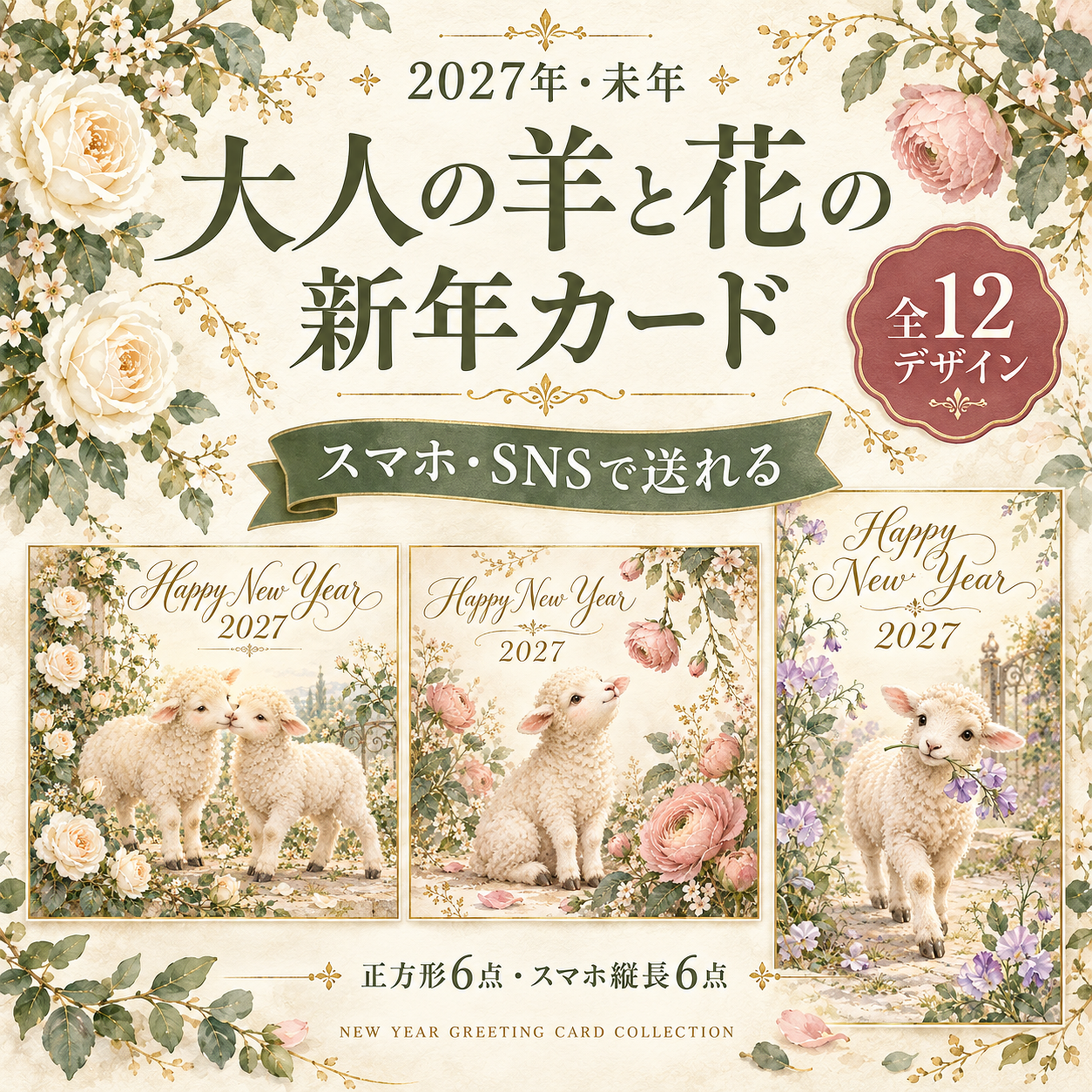 2027・大人の羊と花の新年カード12選｜スマホ・SNSで送れる無料イラスト 97901に写真・文字を入れる
