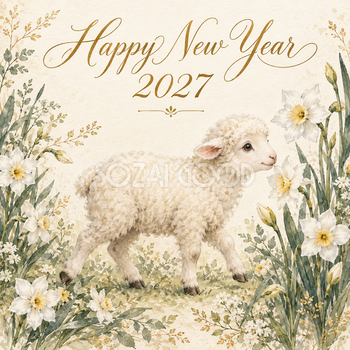 2027年・水仙と羊の新年カード｜大人可愛い花の無料イラスト 97904
