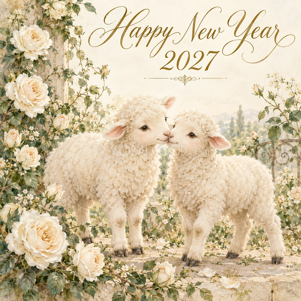 2027年・白薔薇と羊の新年カード｜大人可愛い花の無料イラスト 97905