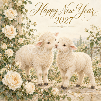 2027年・白薔薇と羊の新年カード｜大人可愛い花の無料イラスト 97905