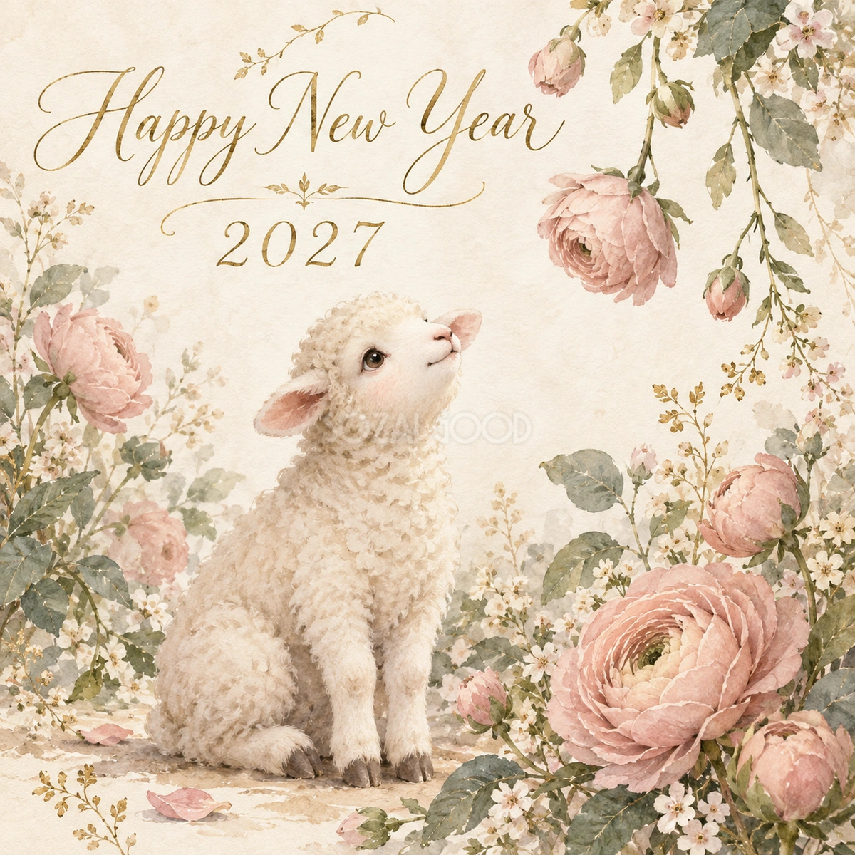 2027年・淡い桃色のラナンキュラスと羊の新年カード|大人可愛い花の無料イラスト 97906
