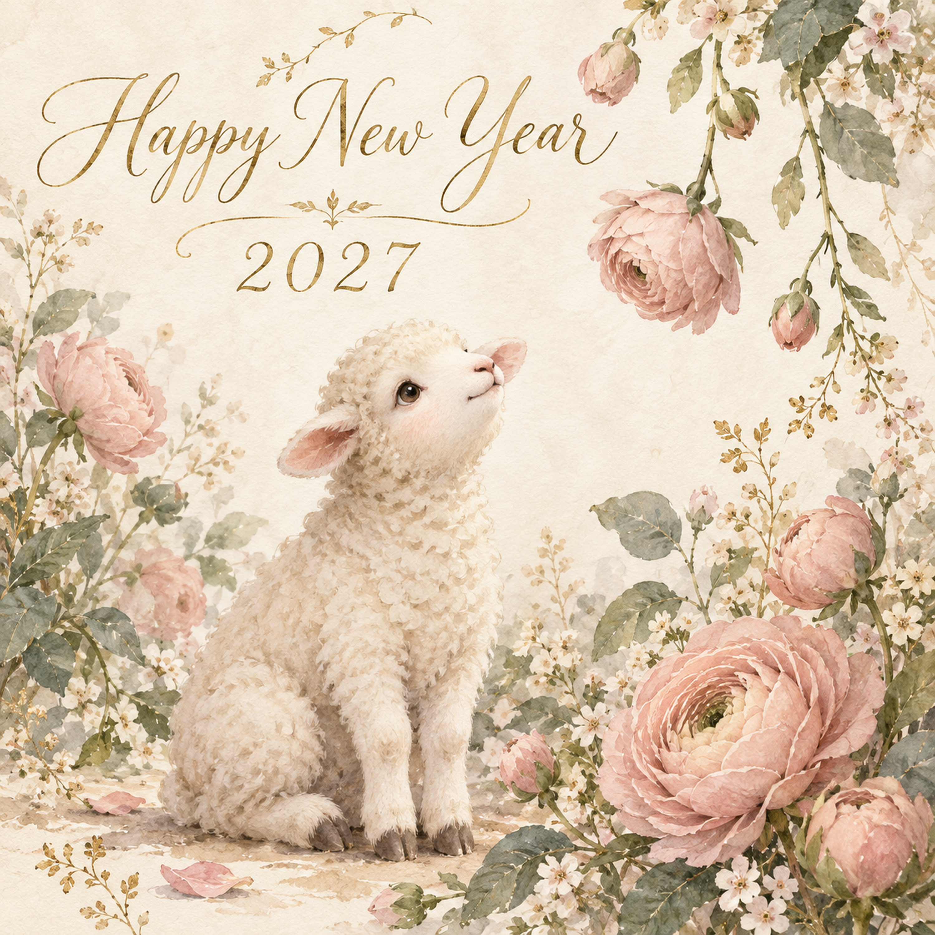 2027年・淡い桃色のラナンキュラスと羊の新年カード｜大人可愛い花の無料イラスト 97906に写真・文字を入れる