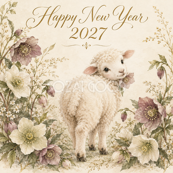 2027年・クリスマスローズと羊の新年カード｜大人可愛い花の無料イラスト 97907