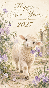 2027年・淡紫のスイートピーと羊の新年カード｜大人可愛い花の無料イラスト 97909
