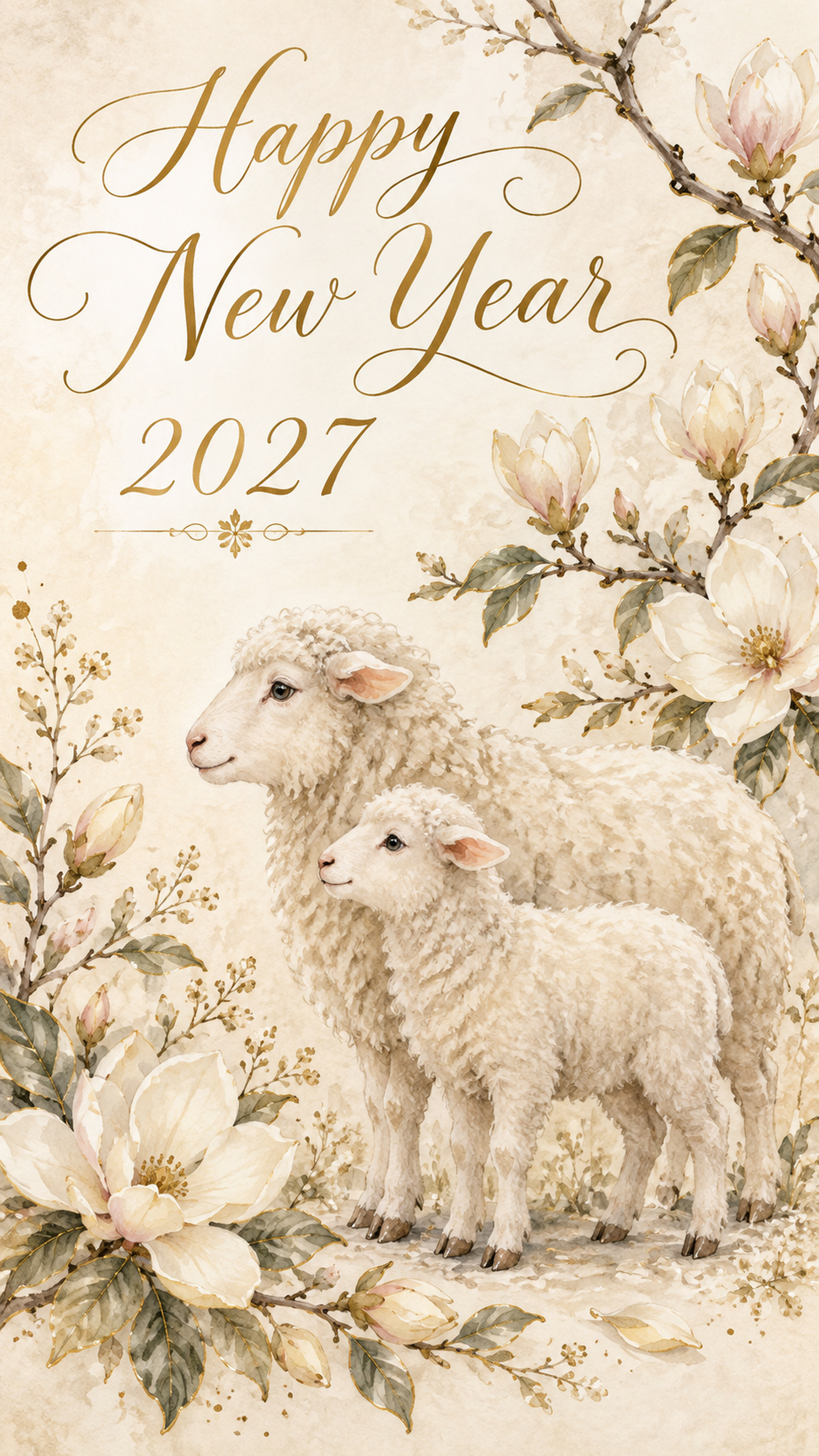 2027年・マグノリアと羊の新年カード｜大人可愛い花の無料イラスト 97910に写真・文字を入れる