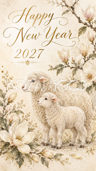 2027年・マグノリアと羊の新年カード｜大人可愛い花の無料イラスト 97910