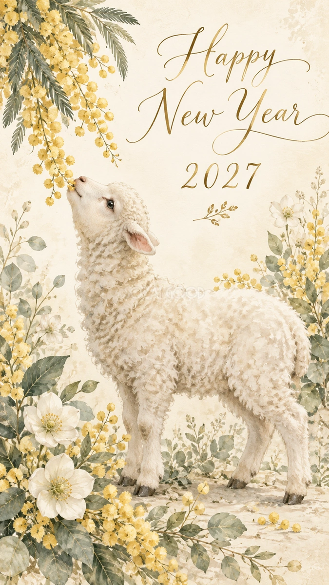 2027年・ミモザと羊の新年カード｜大人可愛い花の無料イラスト 97911