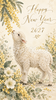 2027年・ミモザと羊の新年カード｜大人可愛い花の無料イラスト 97911