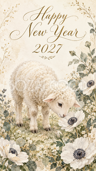 2027年・アネモネと羊の新年カード｜大人可愛い花の無料イラスト 97912
