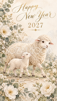 2027年・ユーカリと白い花の羊親子の新年カード｜大人可愛い花の無料イラスト 97913