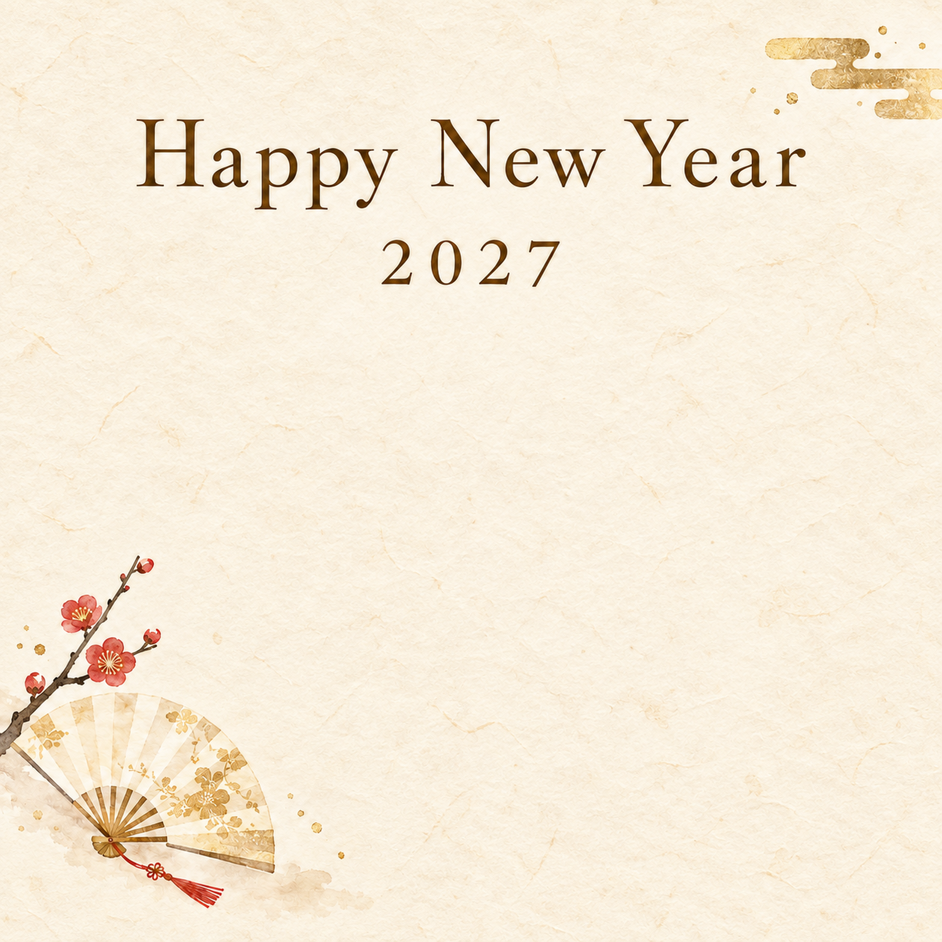 2027年・白い和紙と金の扇の新年挨拶カード｜お店・企業向け無料イラスト 97915に写真・文字を入れる